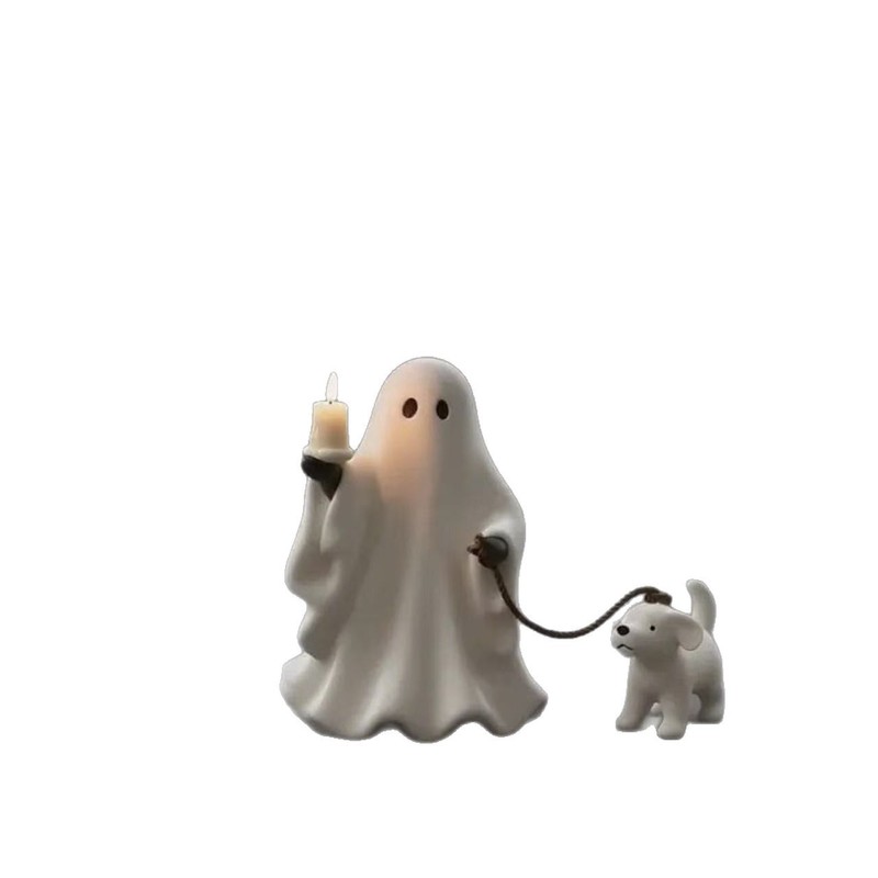 跨境新款Ghost & Pup Candle Holder幽灵牵小狗烛台万圣节小雕像|undefined