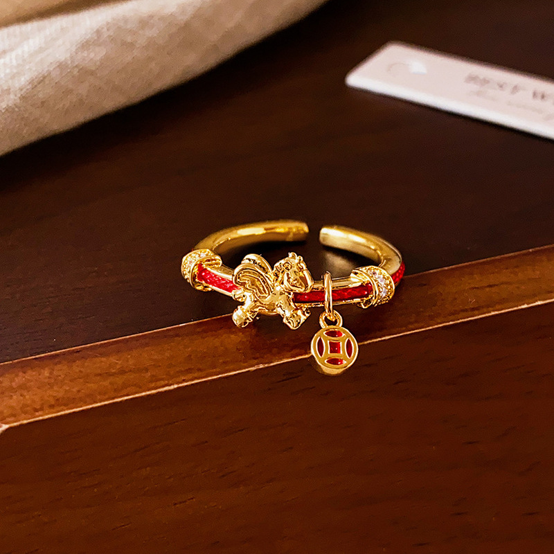 Red Braided Rope Sand Gold Coin Pony Open Ring for Women 2026 New Popular Index Finger Ring Niche Design