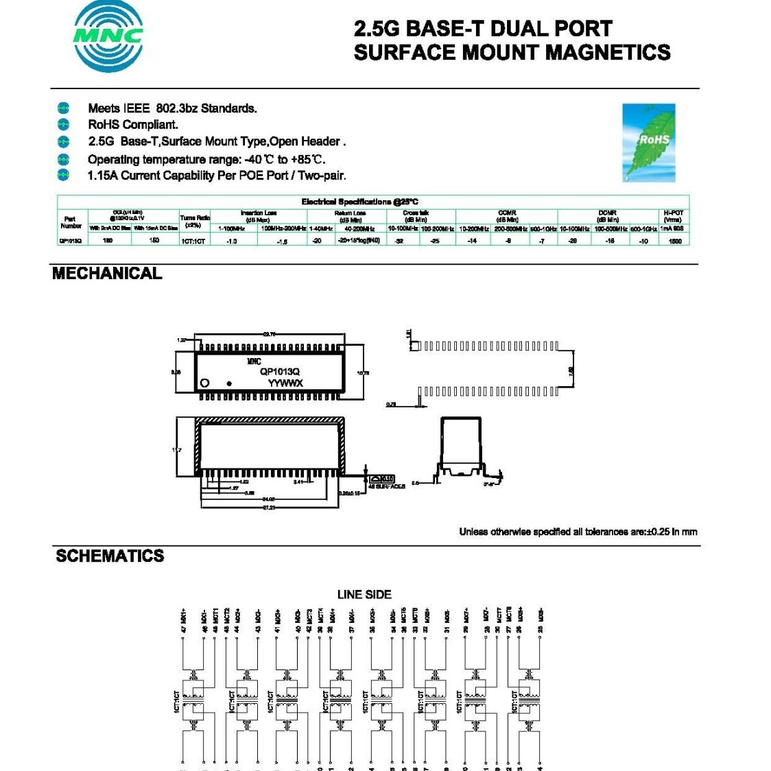 QP1013Q 以太网络变压器LAN Transformers 2.5G Base-T