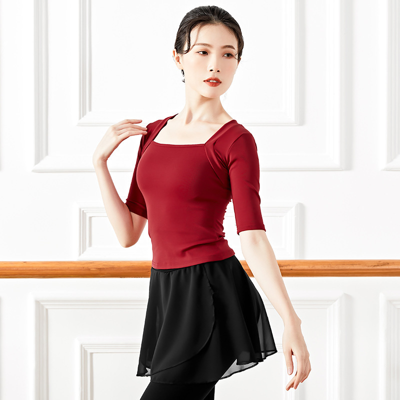 女性用ダンス練習服 大人用 レトロバレエ風 教師用体操服 中袖 練習用ツーピース風トップス|undefined