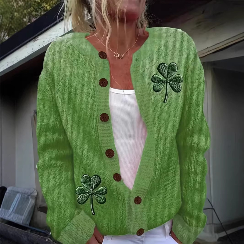2026 St. Patrick's Day 3D Digital Print Amazon New Cardigan Thick Knit Jacket for Women