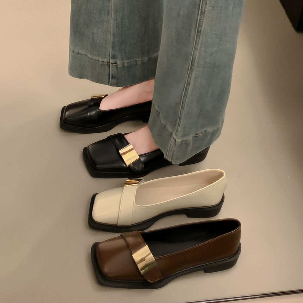 Retro British Style Metal Buckle Flats 2025 New Square Toe Soft Sole Loafers Women's Slip-On Small Leather Shoes