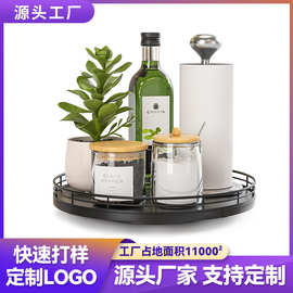 亚马逊圆形旋转调料托盘铁艺化妆品托盘铁木结合旋转收纳置物架