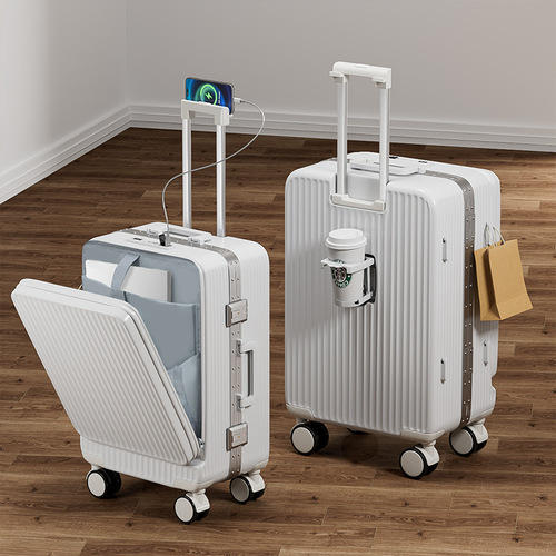 20-inch front-loading suitcase for women, small and lightweight, multi-functional charging travel pull-along suitcase with lock