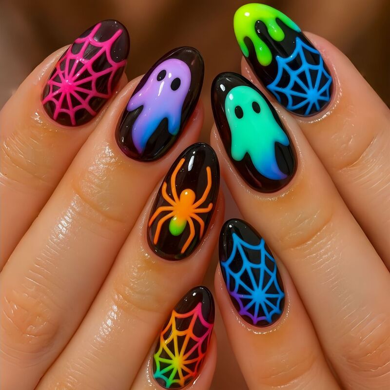 Neon Halloween Nails, Luminous Ghost Spider Web Manicure, European and American Fashionable Fake Nails