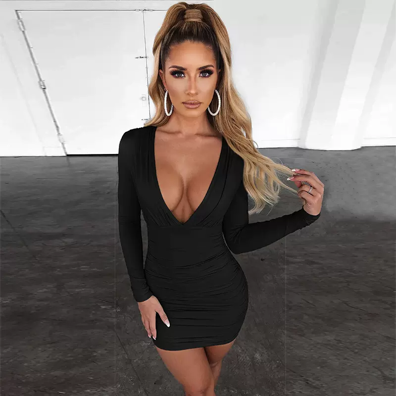 2024跨境欧美站Wish亚马逊 性感深V褶皱包臀秋冬新款连衣裙女