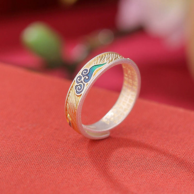 Nhẫn bạc S999.9 chạm khắc hoa sen tráng men phong cách quốc gia — 999,9 bạc nguyên chất