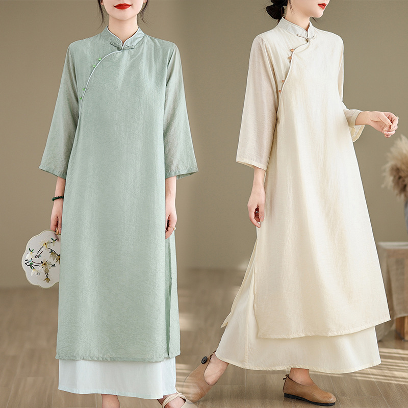 Chinese Style Cotton Linen dress Women's Summer Loose Zen Cheongsam Stitching Fake Two-Piece Slim A- Line Large Long Dress