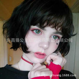 跨境货源欧美萝莉假发女士手工卷发碎刘海蓬松黑色头套 厂家批发