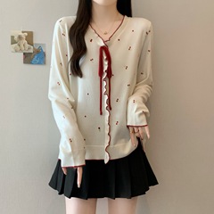 实拍2025秋装胖mm大码女蝴蝶结系带V领长袖针织衫甜美风上衣69353