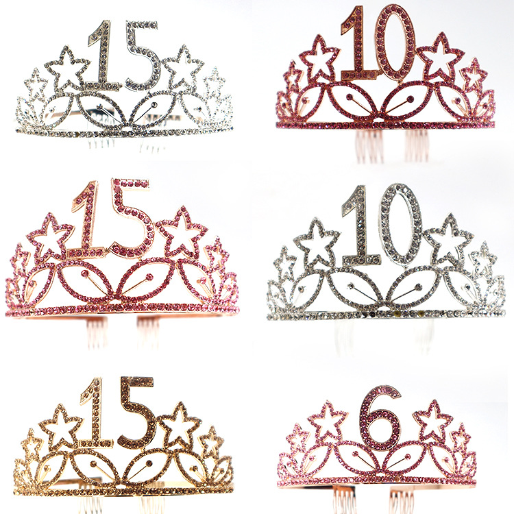 Accesorios para el cabello con corona de metal de alta gama europeos y americanos para cumpleaños y aniversarios, con estrellas de diamantes de colores, corona para fiestas y accesorios de disfraces de películas.