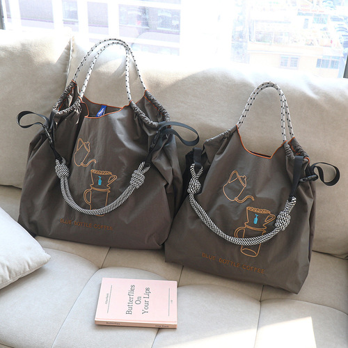 New ball chain style embroidered tea cup eco-friendly shopping bag for women, large capacity single shoulder crossbody commuting bag