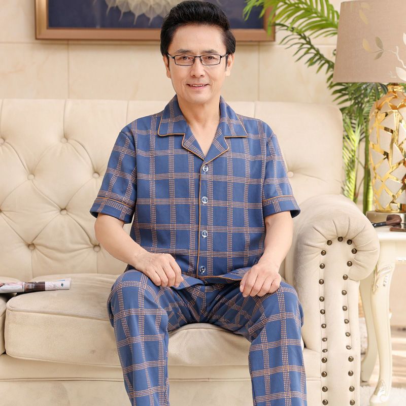 Papá pijamas de verano de algodón para hombres de manga corta delgada de verano pantalones largos de media manga para hombres de mediana edad set de ropa para el hogar