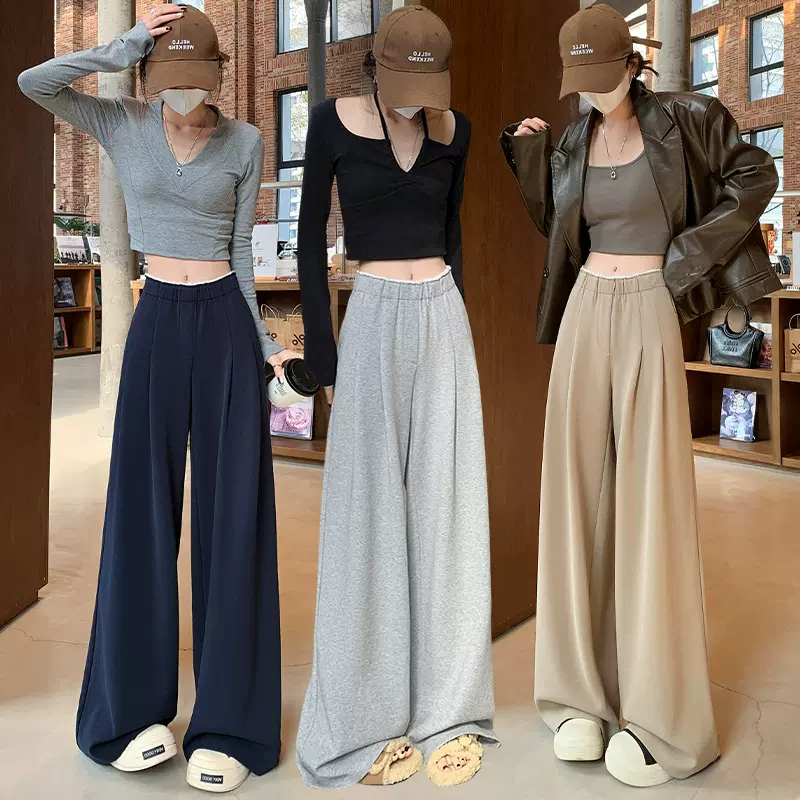 藏青色拼接阔腿裤女早秋高腰显瘦直筒裤百搭宽松窄版休闲裤通勤风