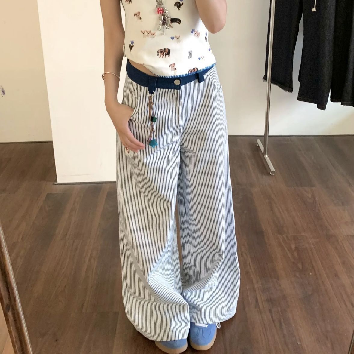 ins网红韩系国潮条纹A字版型复古美式街头休闲百搭宽松休闲裤长裤