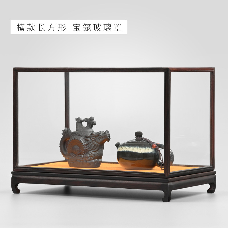 紫檀木防尘罩佛像花瓶古董观音摆件玉石透明展示盒宝笼红木玻璃罩|undefined