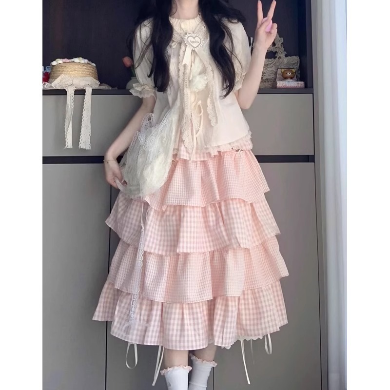 かわいい甘い女の子のドーパミン衣装セット女性の夏のカレッジスタイルのストラップシャツピンクチェック柄ケーキスカート 2 点セット|undefined