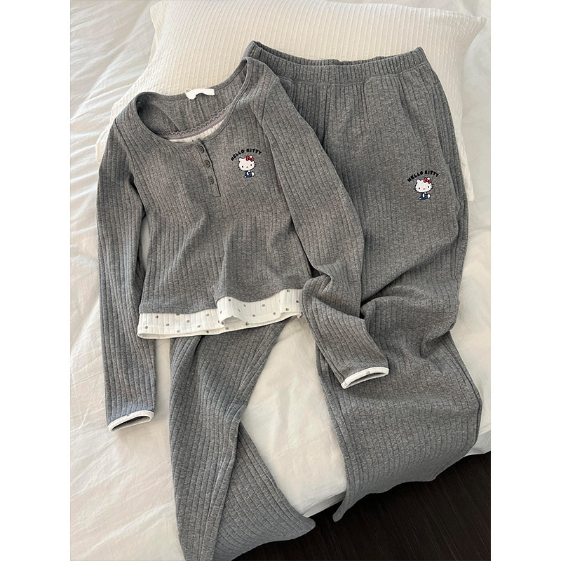 韩版撞色带胸垫坑条长袖睡衣女秋季新款HelloKitty休闲家居服套装|undefined