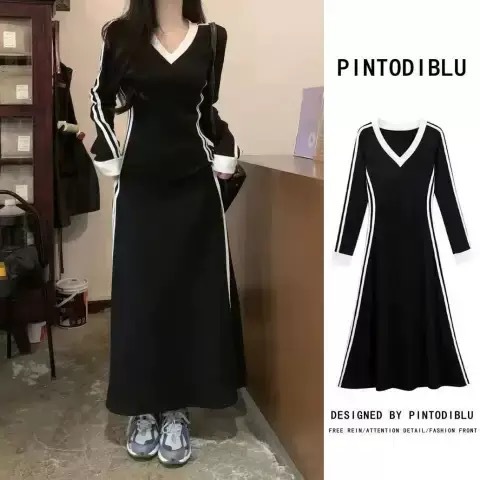 设计感小众长袖V领连衣裙女2026秋季新款韩版修身显瘦a字休闲长裙