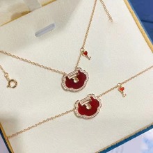 S925纯银麒麟如意锁钥匙项链女简约高级感项链过年饰品红玉髓套装