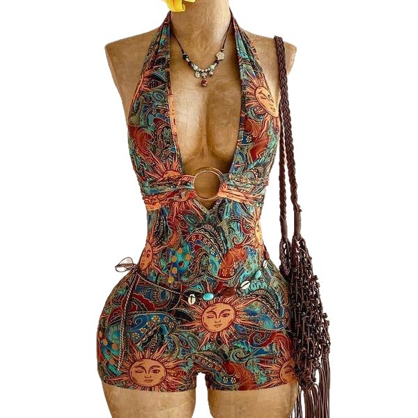 American Retro Wavy Striped Halter Neck Jumpsuit Shorts For Women Deep V Hollow Out Slim Fit Knit Jumpsuit_ecoleips.com