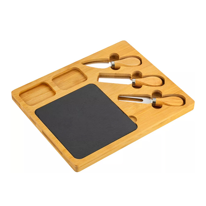 Tablero de cortar de bambú Tablero de corte de pizarra multifuncional con cuchillo y tenedor Traje de queso Tablero de postre Snack Bandeja de bambú de jamón