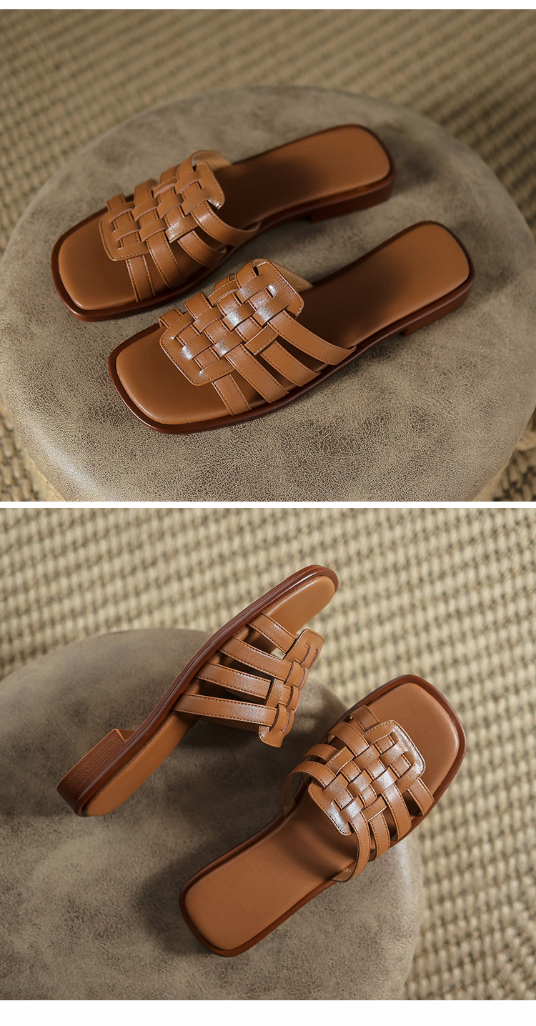 Dép sandal nữ xỏ ngón bện da bò lớp đầu đế bệt — Màu nâu chi tiết 17