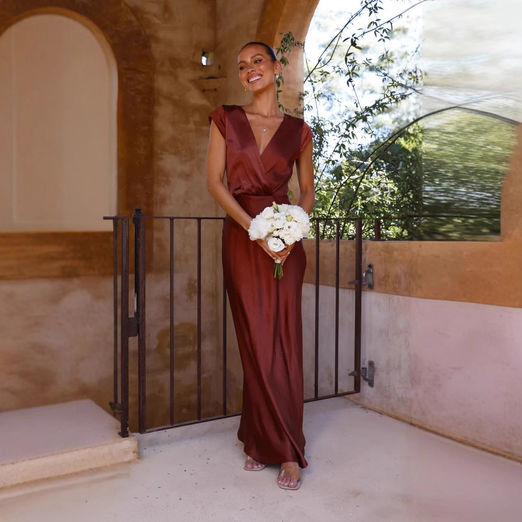 European and American cross-border Women's new satin solid color V-neck sexy fishtail dress wedding party long dress dress