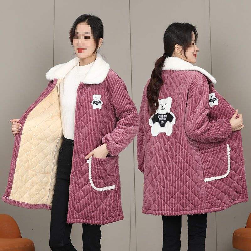 Cotton Smock for Women to Wear Outside in Winter, New Velvet Thickeneded Warm Kitchen Long Cotton Dress, Fashionable Jacket Overalls
