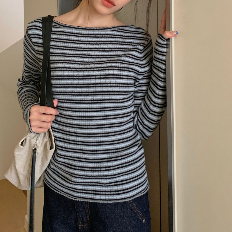 Biyi2648 Vintage Striped Off-Shoulder Knit Shirt, Slightly Elastic, Casual, Simple, Commuting Long-Sleeve T-Shirt Top Biyi2648 Vintage Striped Off-Shoulder Knit Shirt, Slightly Elastic, Casual, Simple, Commuting Long-Sleeve T-Shirt Top