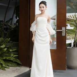气质超仙一字肩晚礼服裙新娘结婚晨袍礼服小众影楼旅拍韩式轻婚纱