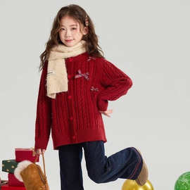 女童时尚保暖喜庆针织衫中大童秋冬新款纯色针织气质蝴蝶结外套衫