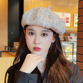 帽子女韩版百搭2023春秋季新款贝雷帽女格纹图案户外透气画家帽