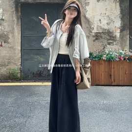 巨好看的夏装一整套大码胖灰色半袖防晒衬衫花边阔腿裤漂亮套装