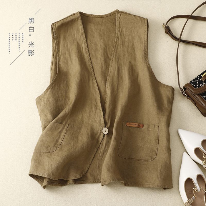 Casual estilo japonés chaleco de lino de verano delgado suelto chaleco de botón de cuello en V simple chaleco protector solar image 5