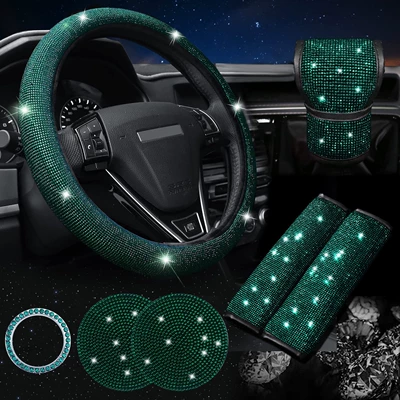Steering wheel cover, Diamonds, Handbrake Gear, Seat Belt Shoulder - green-38cm