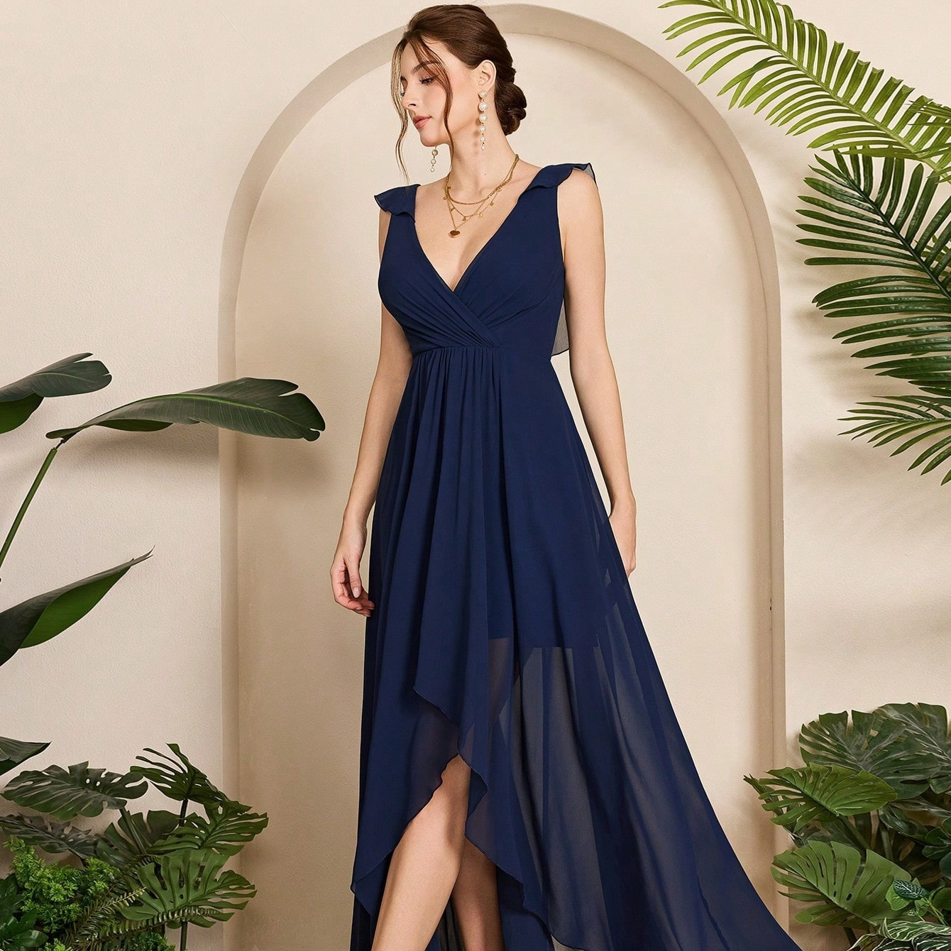 Vestido de noche de gasa con cuello en V eBay nuevo pecho plisado sin respaldo delantero corto trasero largo vestido de baile vestido de fiesta vestido de dama de honor