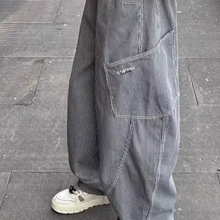 美式复古竖条纹阔腿牛仔裤女春秋季新款设计感高腰宽松弯刀裤子