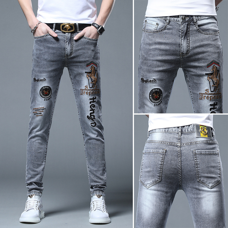 Thin section Embroidery Jeans 2022 summer European goods Chaopai personality Versatile Elastic force leisure time Self cultivation Feet trousers