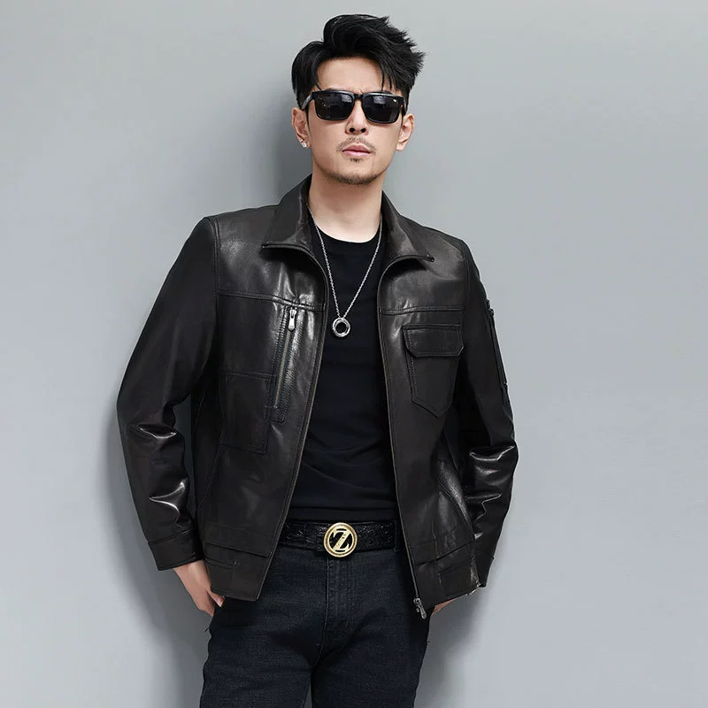 Autumn jacket with zipper, genuine leather