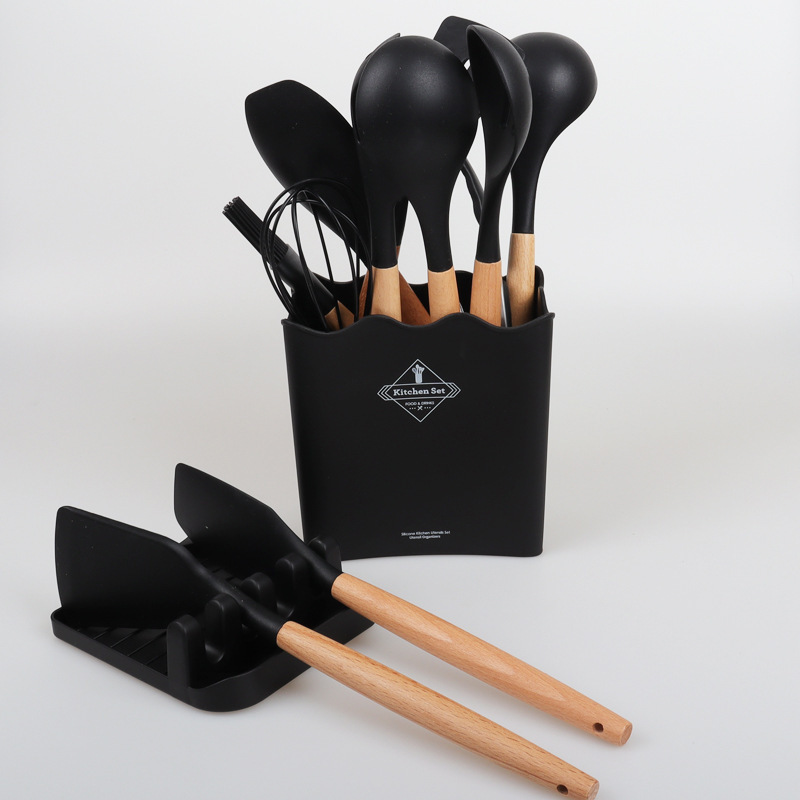 Venta caliente transfronteriza juego de utensilios de cocina de silicona creativa mango de madera con cubo 13 piezas de silicona espátula cuchara herramientas de cocina de silicona