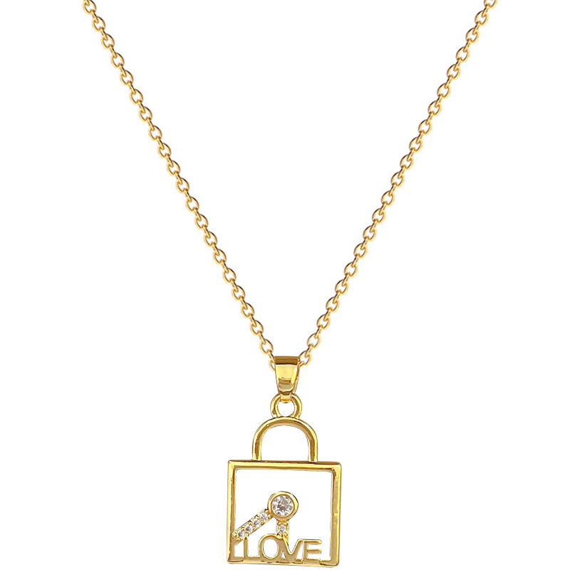 Colar elegante chave e cadeado com strass em aço titânio_voghion.com