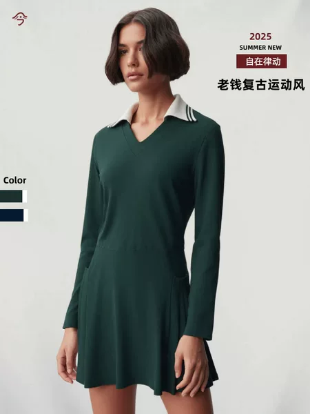 Vintage-Style Niche Golf Dress for Slightly Chubby Girls, Elegant and Relaxed Tennis Sports Casual Long Dress for Autumn