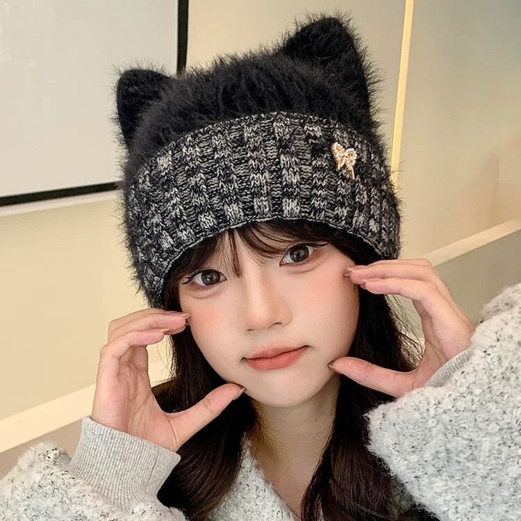 可爱毛线帽子女秋冬超萌韩版猫耳朵女生针织套头帽保暖毛绒帽冷帽|undefined