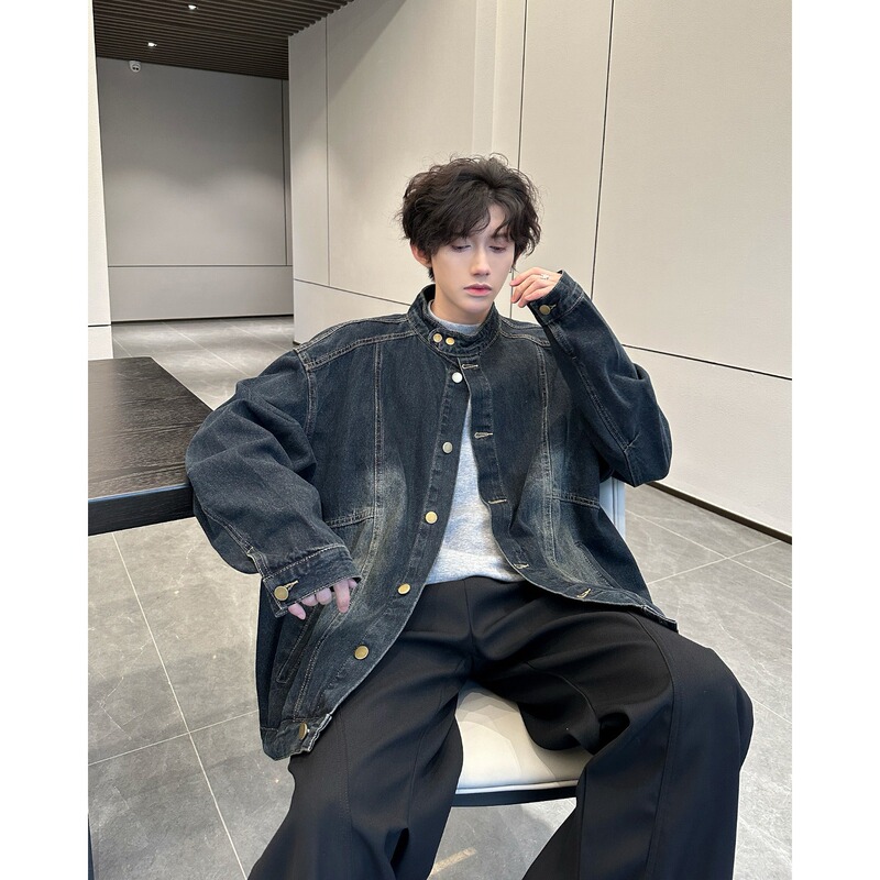 Spring and Autumn Korean Style Versatile Retro Washed Distressed Workwear Stand Collar Button-Down Denim Loose Jacket Men's Ins