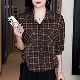 早春新款长袖女上衣气质穿搭宽松显瘦格子小个子衬衫