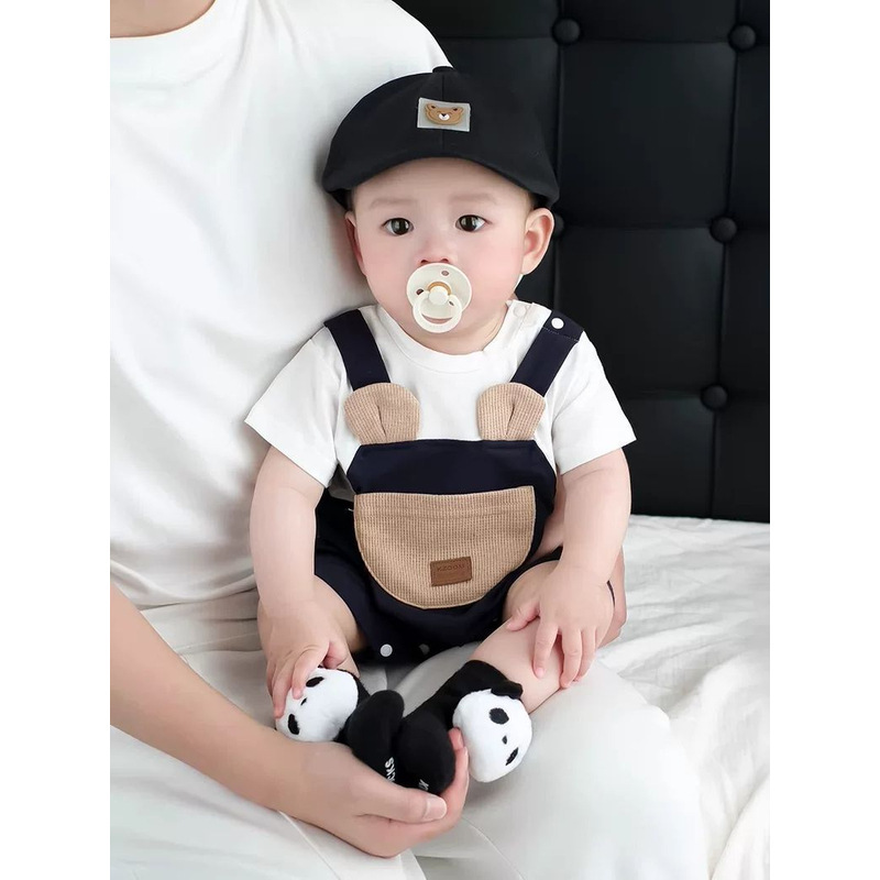男の子夏薄手ジャンプスーツ新生児韓国風半袖偽ツーピースロンパース満月ベビー1歳ドレス|undefined