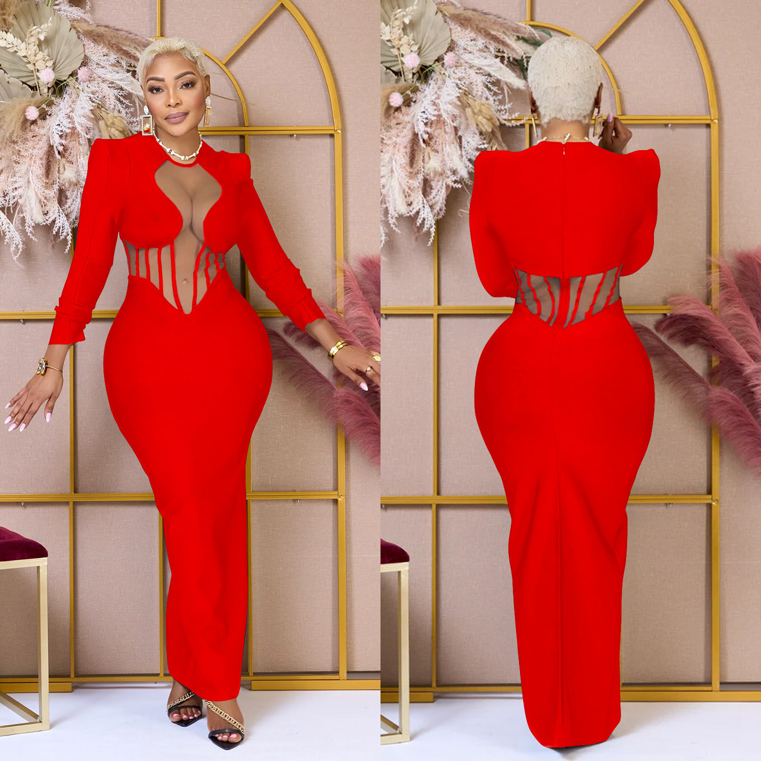 C6756 transfronteriza AliExpress Amazon moda europea y americana de las mujeres de color sólido malla perspectiva Vestido de manga larga vestido