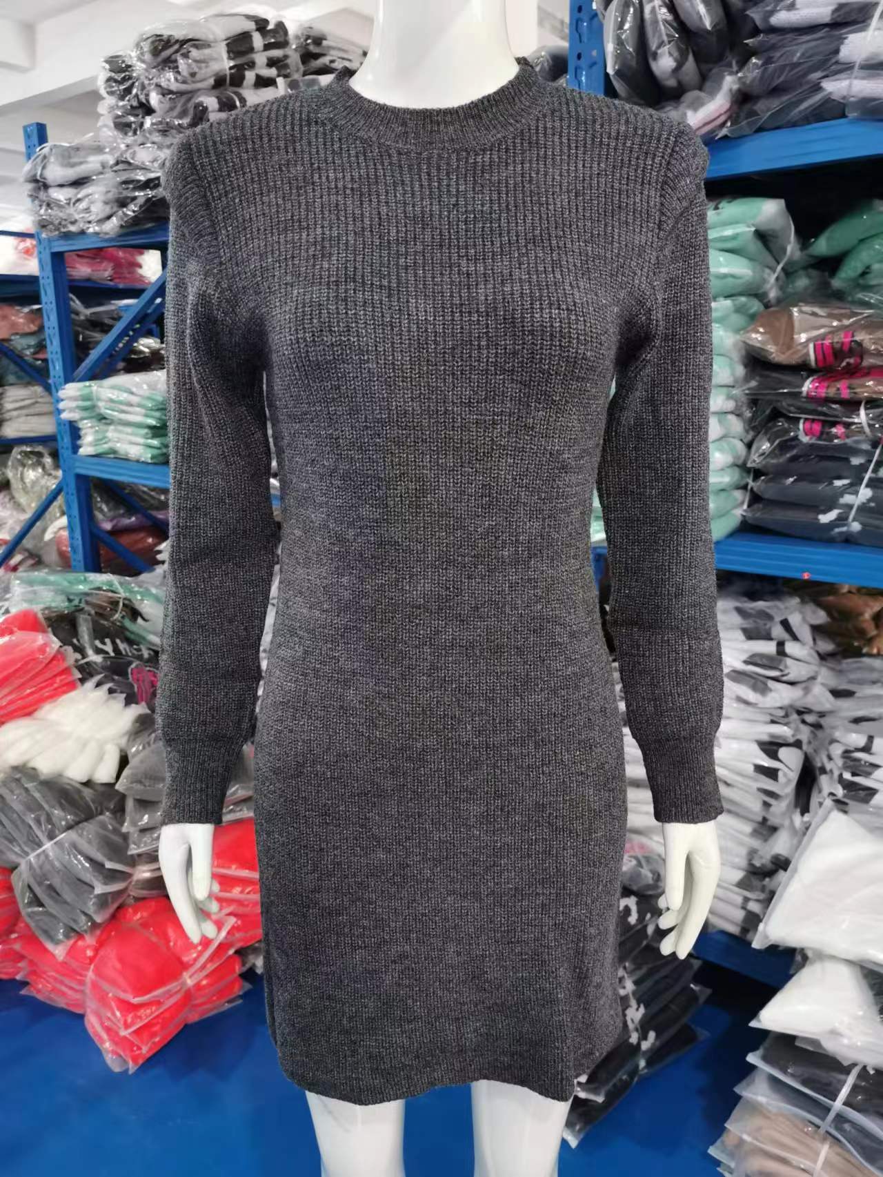 Autumn And Winter Net Color Round Neck Long-Sleeved Hip-Wrapped Sweater Women'S Dress 68 Undefined