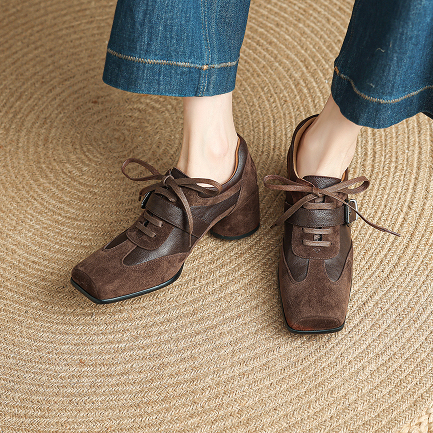 Giày nữ da dê cổ sâu quai ngang mũi vuông kiểu retro Anh — màu nâu